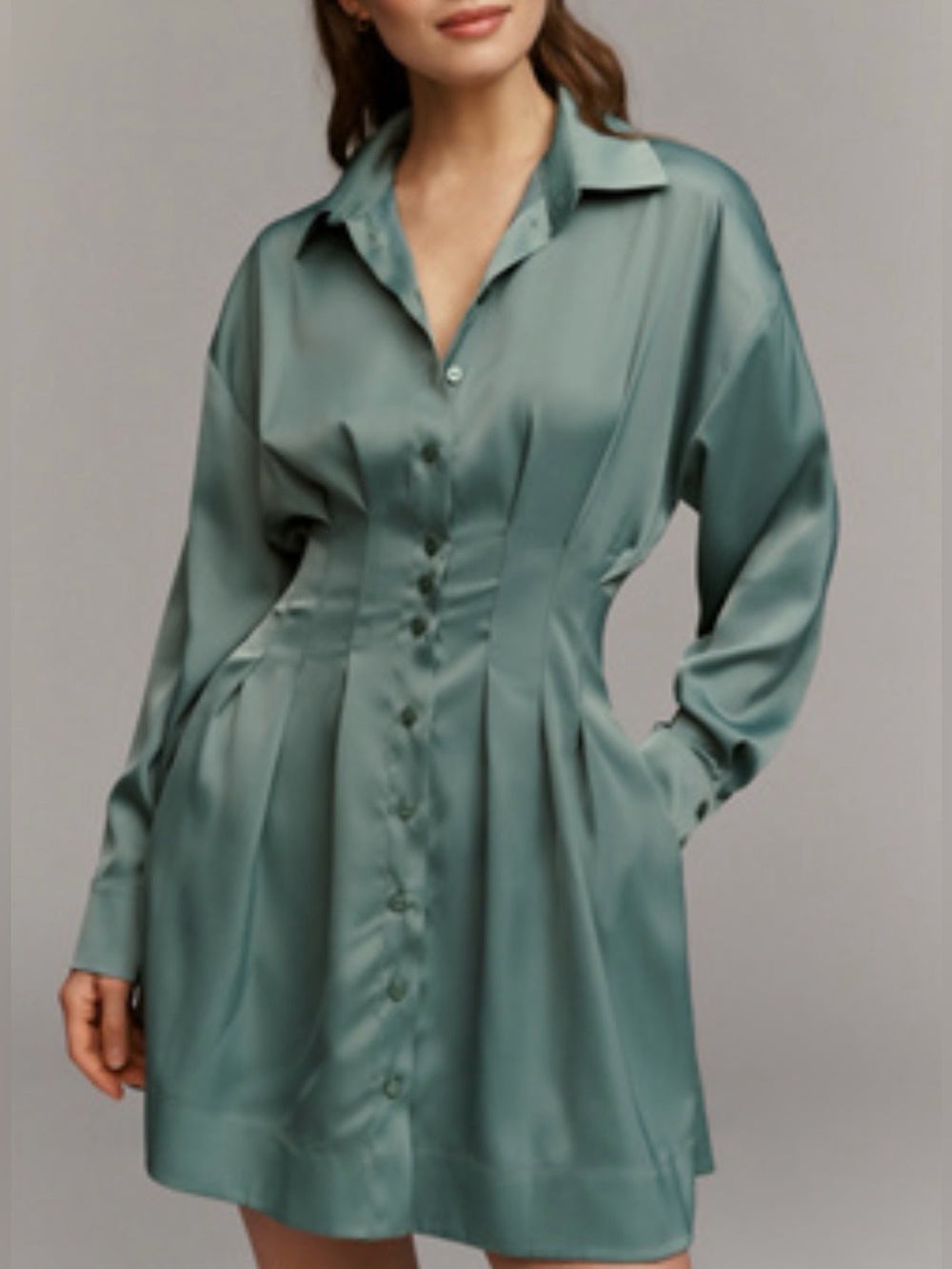 Exquise Tobie Long Sleeve Satin Mini Shirtdress | Sage | XS | NWT |Anthropologie